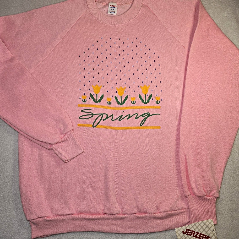 Vtg 80 Jerzees Russell Deadstock Sweatshirt XL Pink Spring Tulip Cottagecore NWT